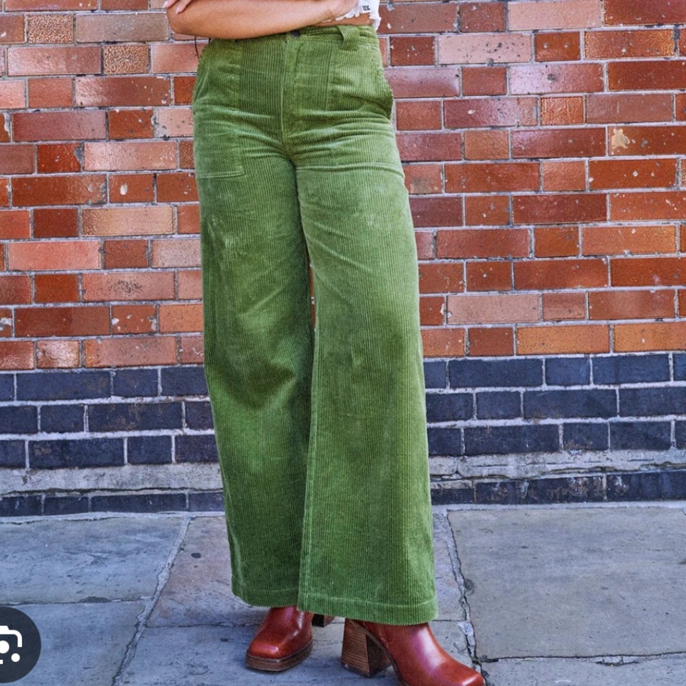 NWOT Lucy & Yak Wide Leg Corduroy Trousers Pesto Green, Size W36/R - UK 18